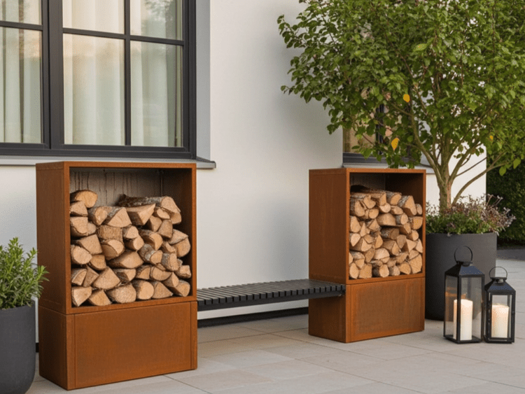 To brændeskjul i cortenstål med integreret bænk og stablet brænde, placeret i et hyggeligt udemiljø.