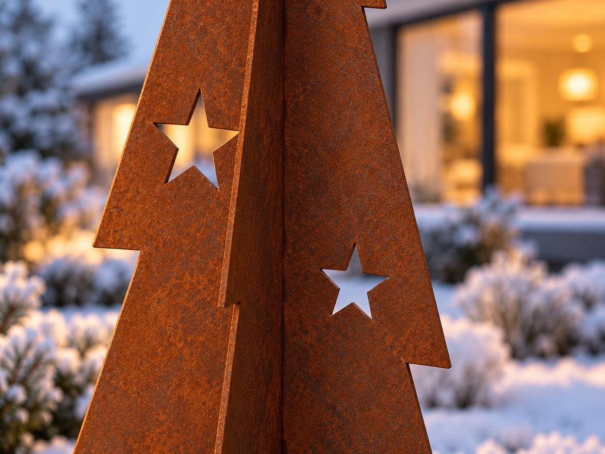 Juletræ i cortenstål – med stjerner og snefnug (80 / 120 / 180 cm)