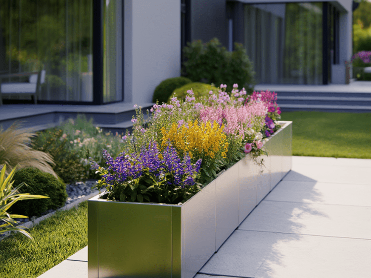 Smuk og enkel galvaniseret højbed med farverige blomster ved moderne hus