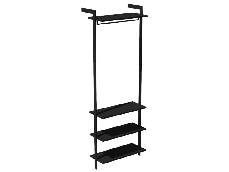 Garderobesystem AXIS 72 x H205 cm – Sortlakeret hylde med hæng plus 3 hylder