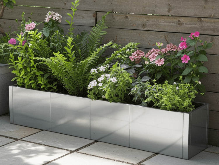 Plantekasse i galvaniseret stål med farverige blomster på terrasse