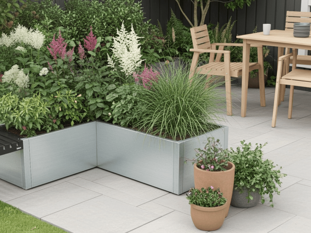 Vinkel plantekasse i galvaniseret stål med stauder og prydgræsser på terrasse