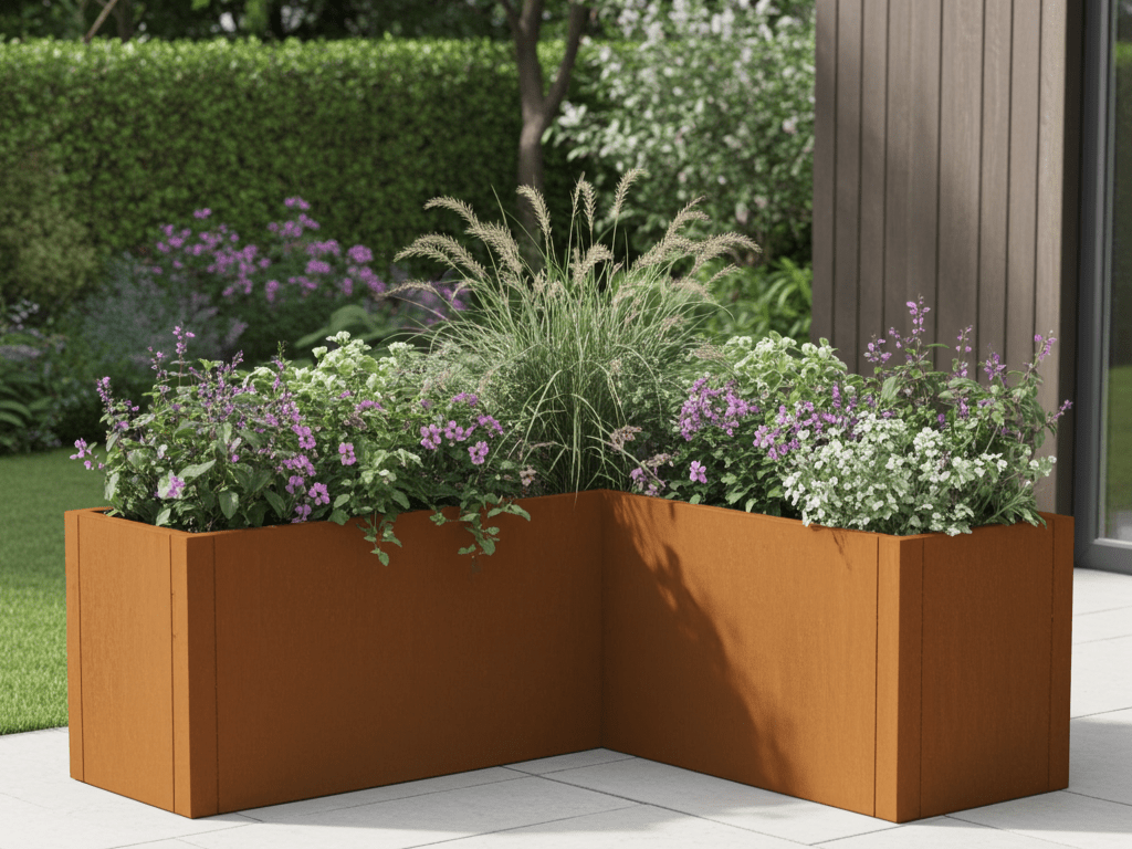 Vinkel plantekasse i cortenstål CUBY. H40 cm, flere længder