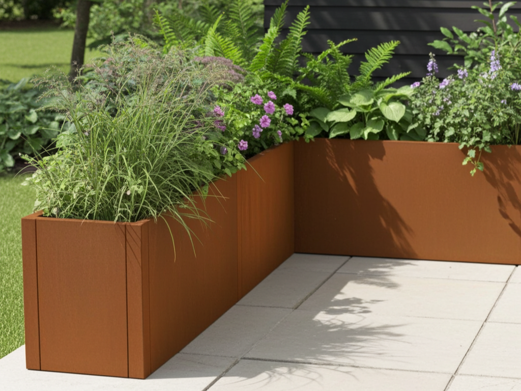 Vinkel plantekasse i cortenstål CUBY 185 x 115 x 40 x 40 cm