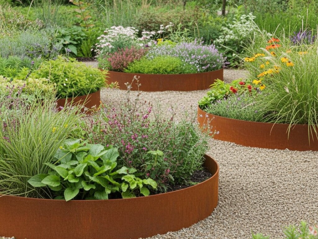 Åbne bedringe i cortenstål med stauder og prydgræsser i grusbelagt have