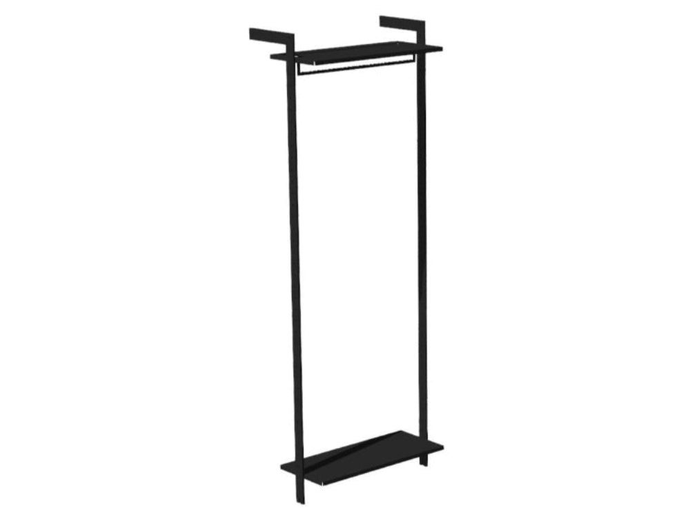 AXIS garderobesystem i sortlakeret stål med bøjlestang, to hylder og minimalistisk design vist som fritlagt produktbillede.