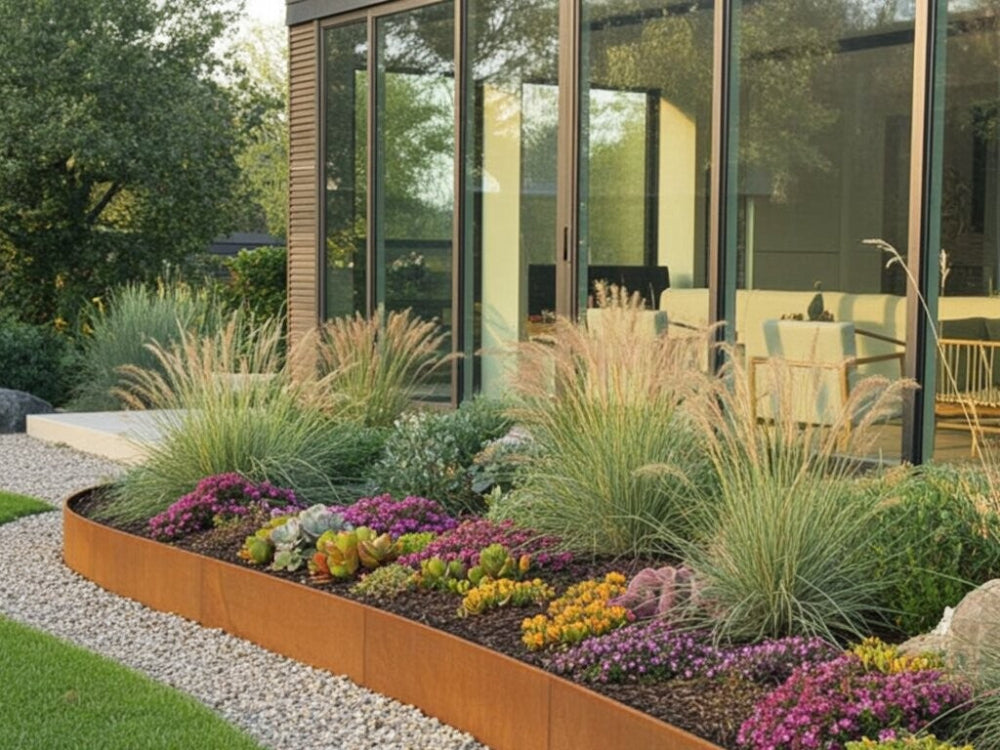 Bedkant i cortenstål med stauder og prydgræsser i moderne have ved glasfacade