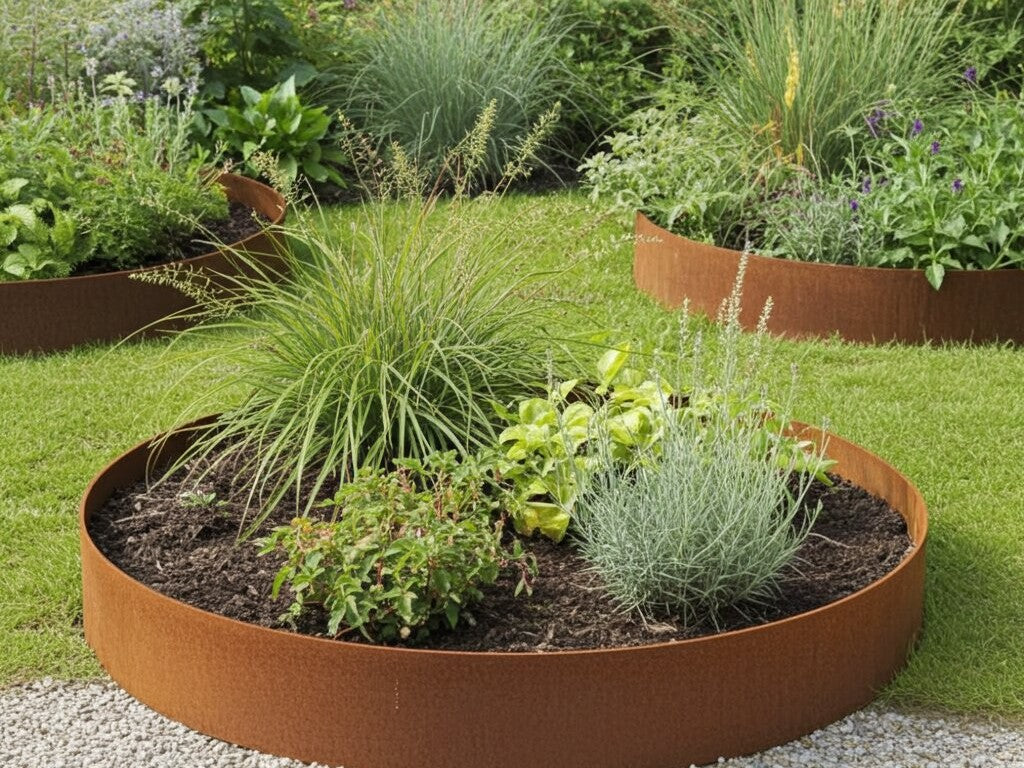 Rund bedring i cortenstål med prydgræsser og blomster i have