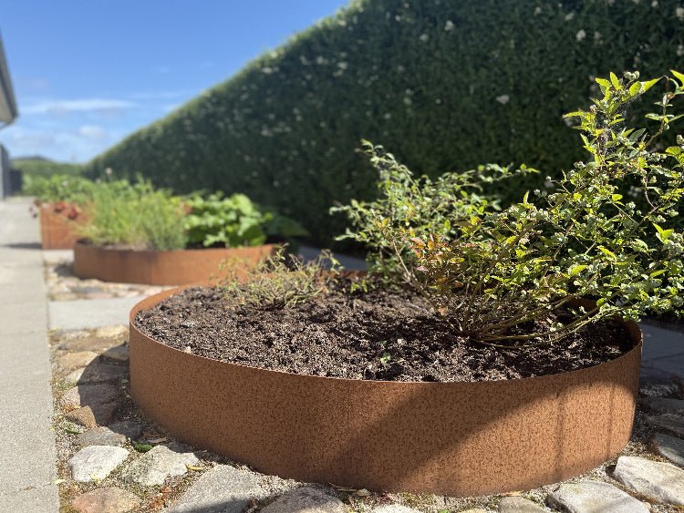 Bedring i cortenstål med planter langs naturstenssti i haven