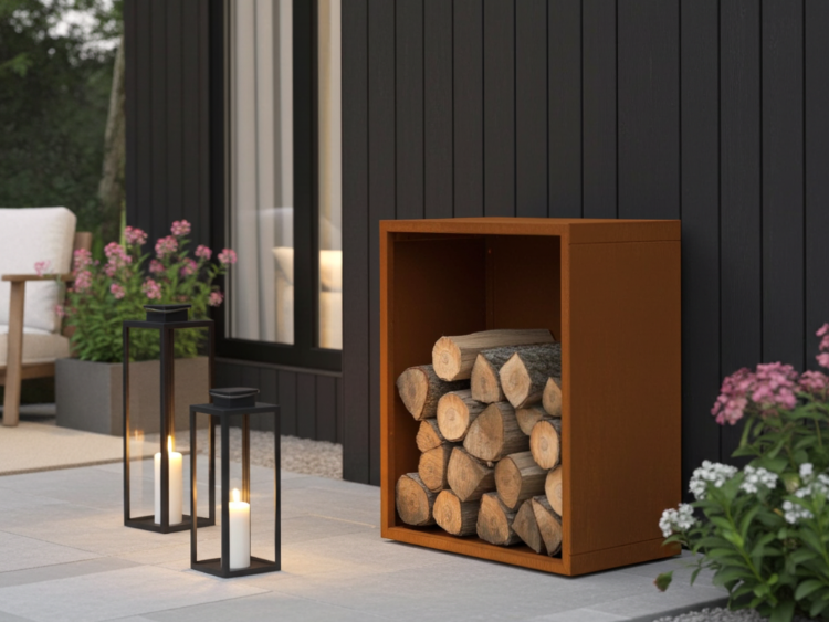 Brændeskjul i cortenstål med stablet brænde, placeret på moderne terrasse ved sort facade med lanterner og blomster i aftenlys.