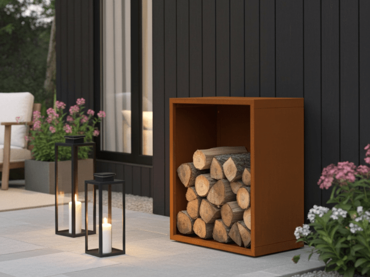 Brændeskjul i cortenstål med stablet brænde, placeret på moderne terrasse ved sort facade med lanterner og blomster i aftenlys.