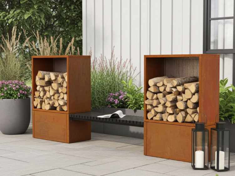 To brændeskjul i cortenstål med integreret bænk og stablet brænde, placeret i et hyggeligt udemiljø med beplantning og lanterner.