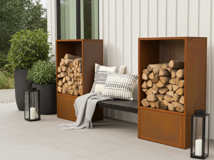 To brændeskjul i cortenstål med integreret bænk og stablet brænde, placeret i et hyggeligt udemiljø med tæpper og puder