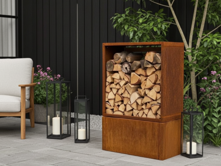 Brændeskjul i cortenstål med synligt, stablet brænde, placeret på en moderne terrasse med lanterner og grøn beplantning.