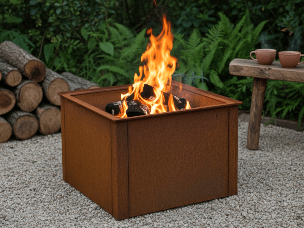 Firkantet CUBY bålfad i cortenstål placeret i have med træstabel og grøn beplantning.