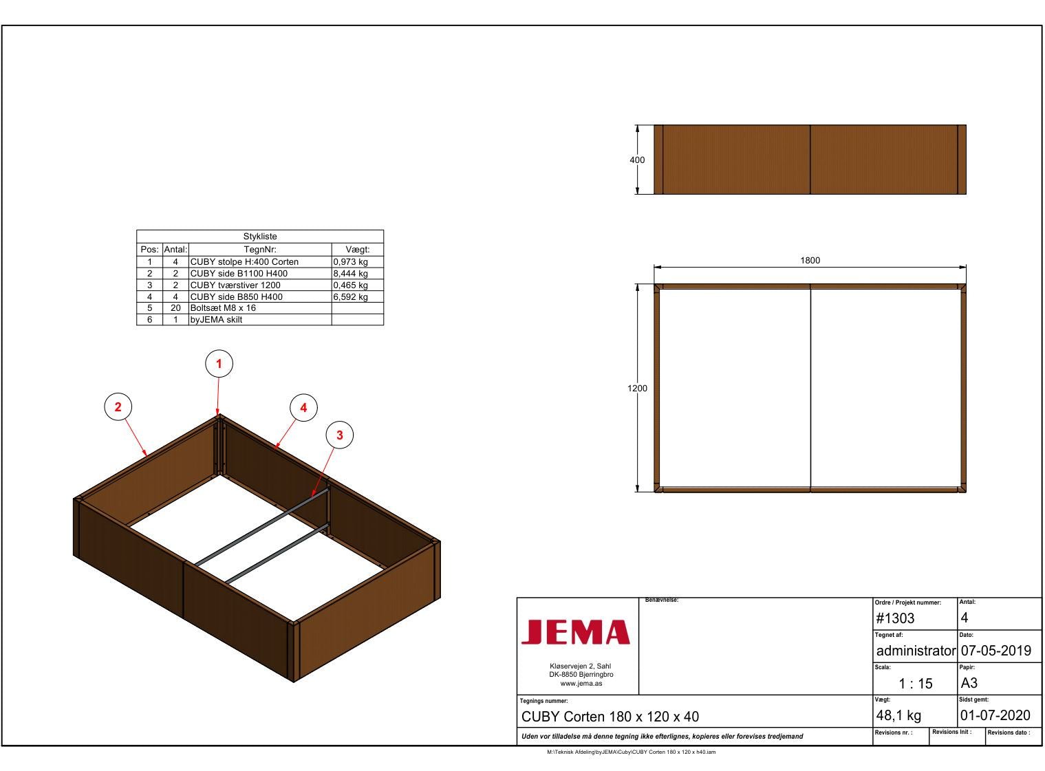 byJEMA CUBY højbed i cortenstål 180 x 120 x 40 cm set fra oven