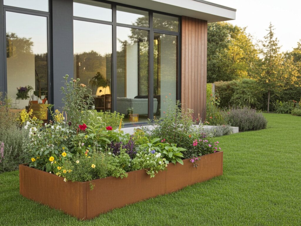 byJEMA CUBY højbed i cortenstål med blomster i moderne have