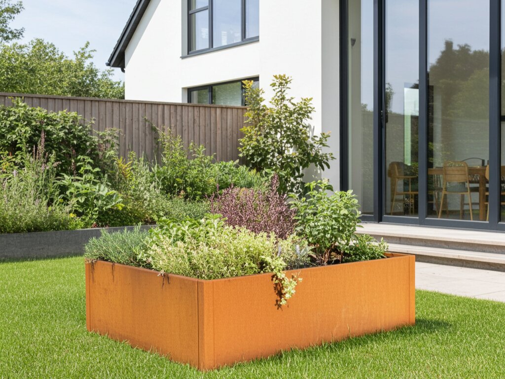 Kvadratisk byJEMA CUBY højbed i cortenstål i privat have