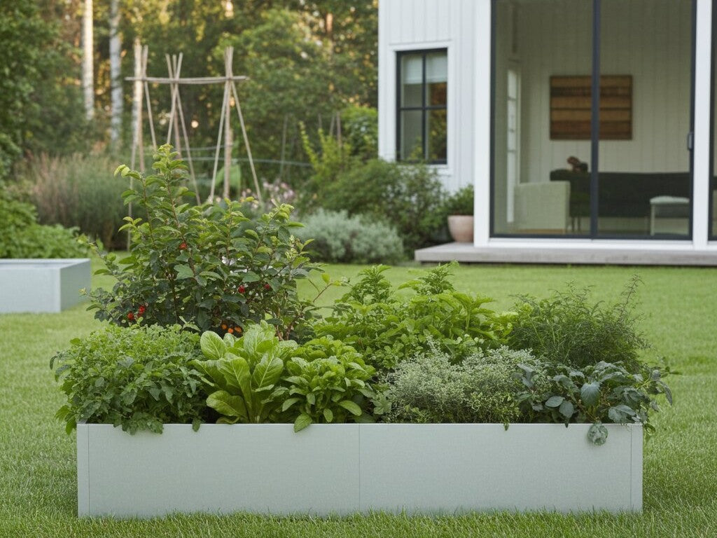 byJEMA CUBY højbed i galvaniseret stål med planter i moderne have