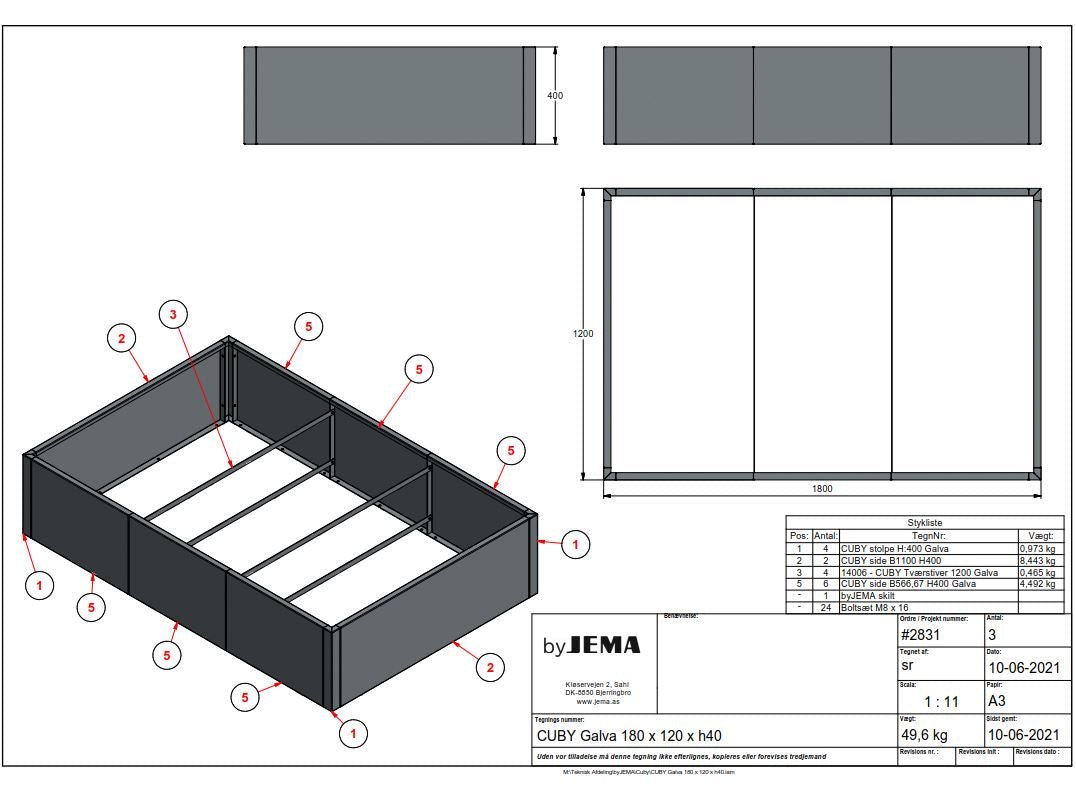 Teknisk tegning af byJEMA CUBY højbed i galvaniseret stål på specialmål