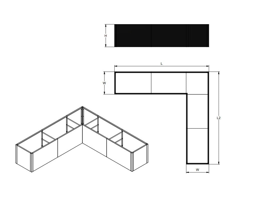 byJEMA CUBY L-formet plantekasse i sortlakeret stål på specialmål med modulopbygning