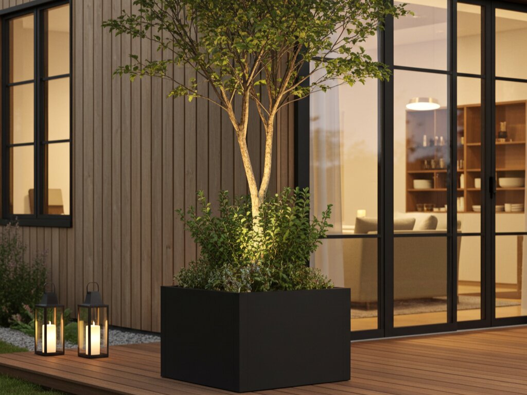 byJEMA CUBY plantekasse i sortlakeret stål med træ på terrasse ved moderne hus