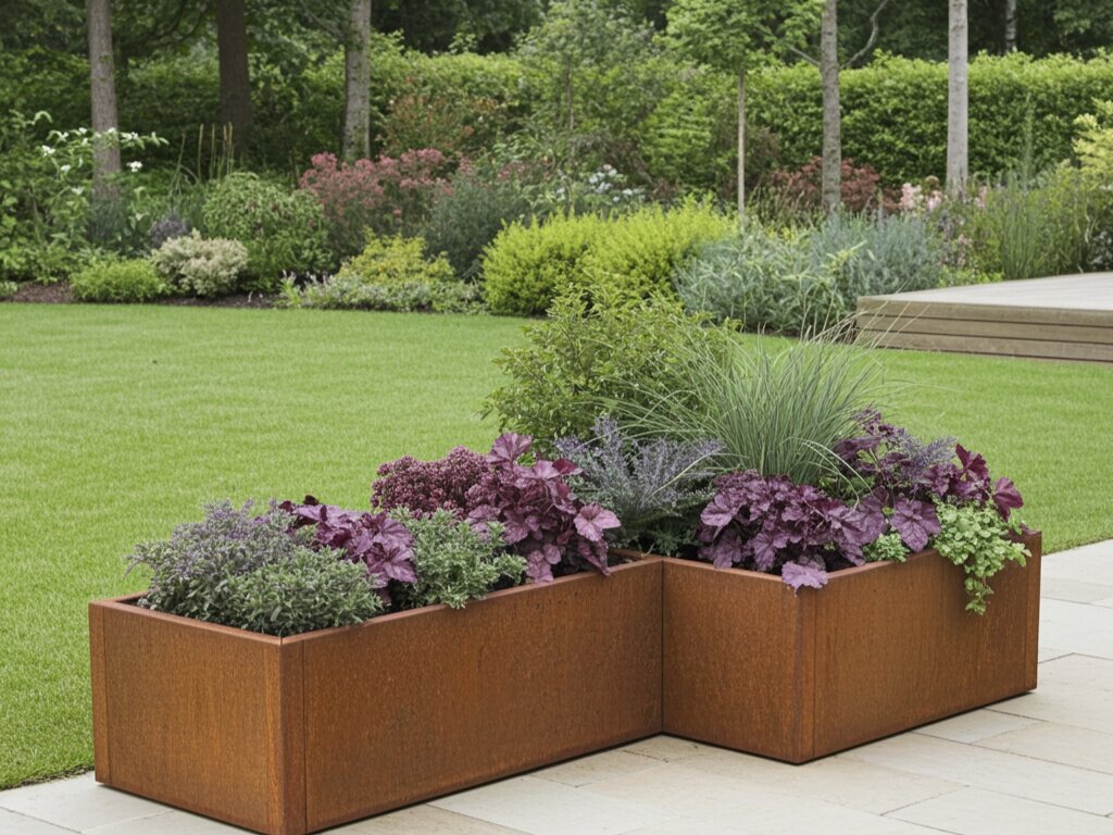 byJEMA L-formet plantekasse i cortenstål med prydplanter i moderne have