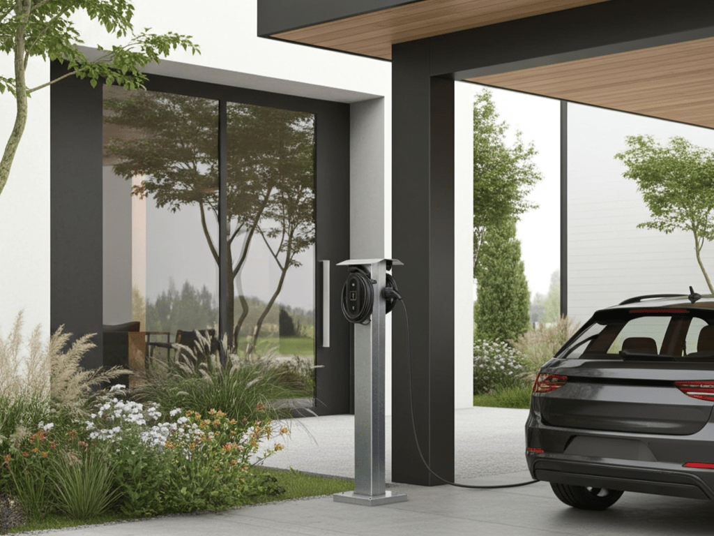 byJEMA ladestander i galvaniseret stål monteret ved moderne carport og elbil