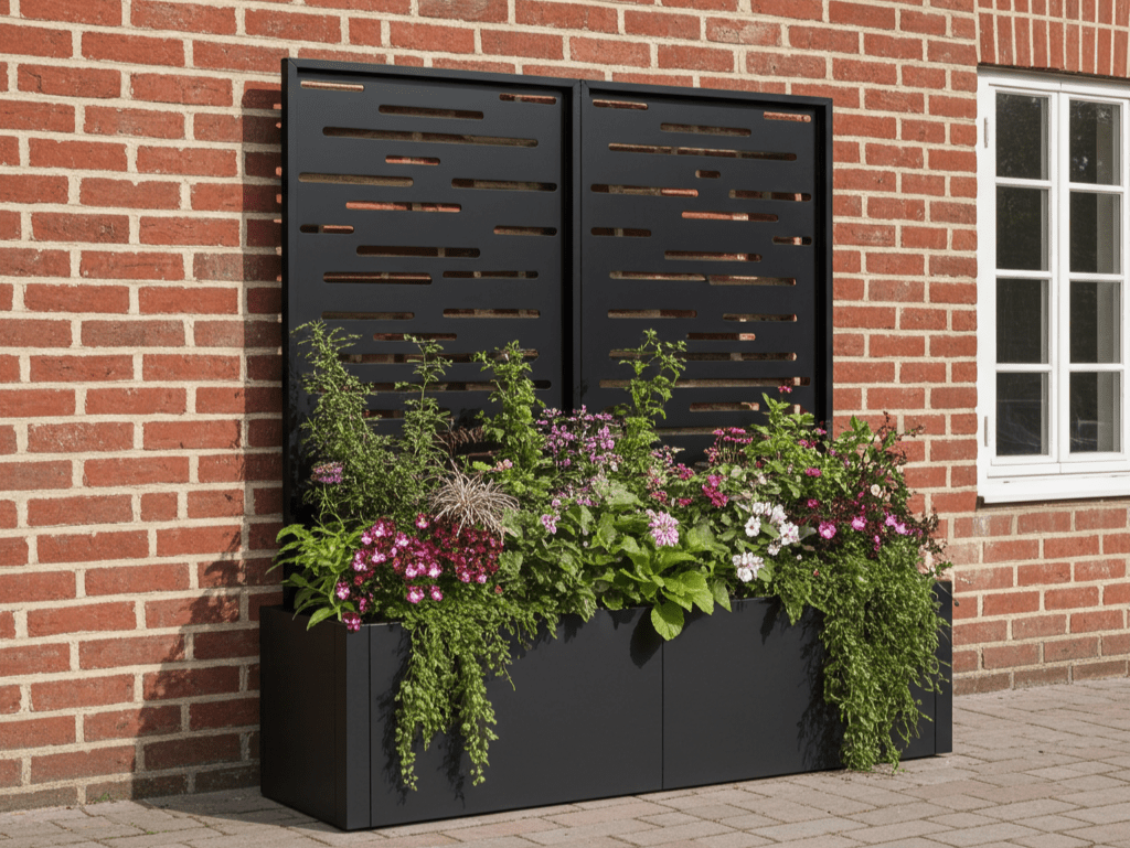 Sortlakeret stålplantekasse med espalier, placeret op ad murstensfacade med frodig beplantning.