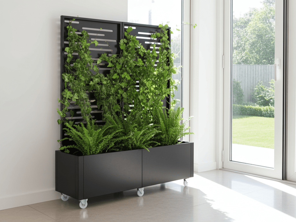 Sortlakeret stålplantekasse med espalier og hjul, vist indendørs som grøn rumdeler.