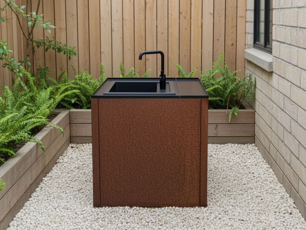 Cortenstål udekøkken vask modul med sort armatur placeret i moderne havemiljø