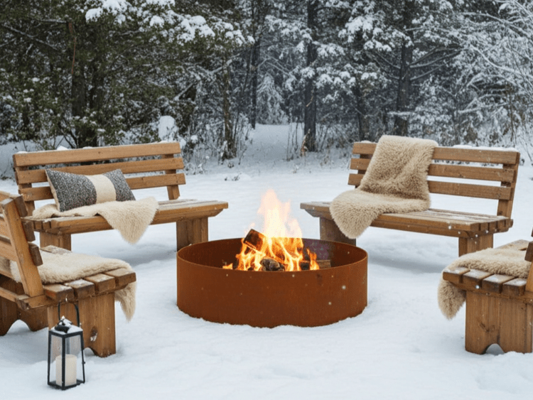 Rundt bålkar i cortenstål med ild placeret i sneklædt have omgivet af træbænke