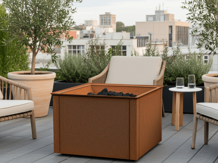 Firkantet bålkasse i cortenstål placeret på moderne tagterrasse med loungemøbler