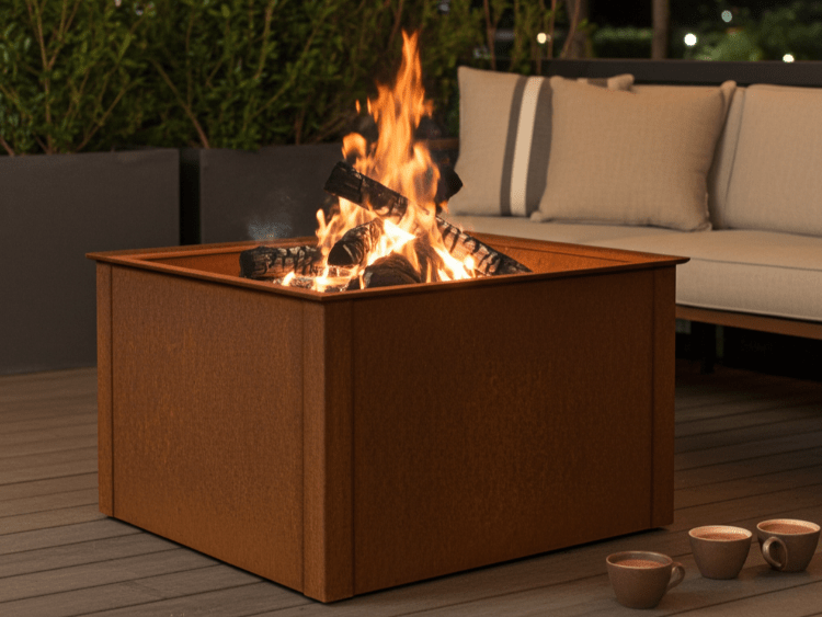 Firkantet bålkasse i cortenstål med åben ild placeret på terrasse med loungemøbler og aftenstemning