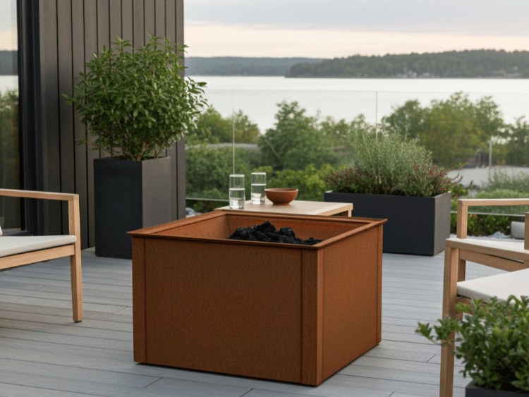 Firkantet bålkasse i cortenstål placeret på moderne terrasse med udsigt over sø og beplantning