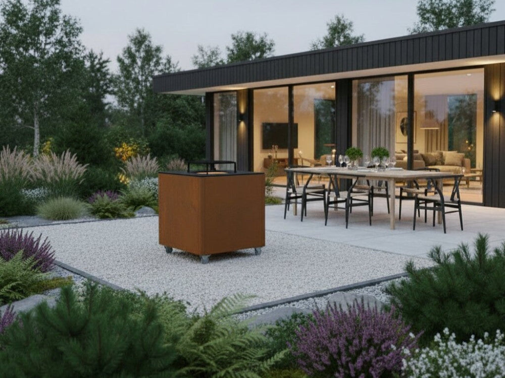 CUBY bålgrill i cortenstål placeret i moderne have med arkitektur, terrasse og spiseområde