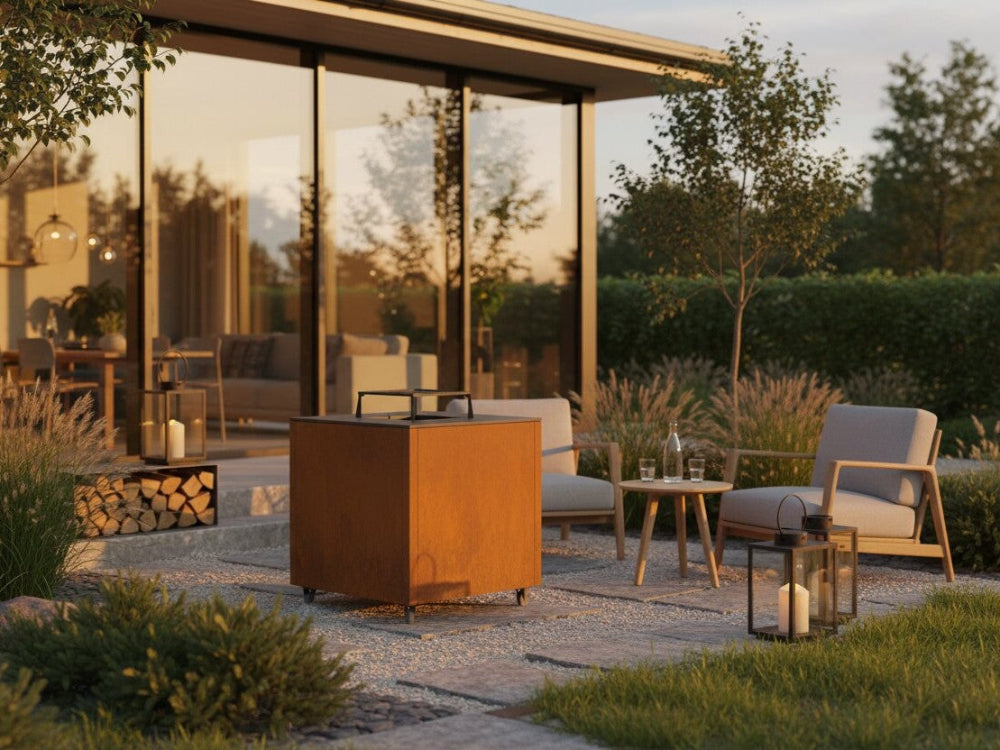 CUBY bålgrill i cortenstål på terrasse med loungestole, lanterner og varm belysning