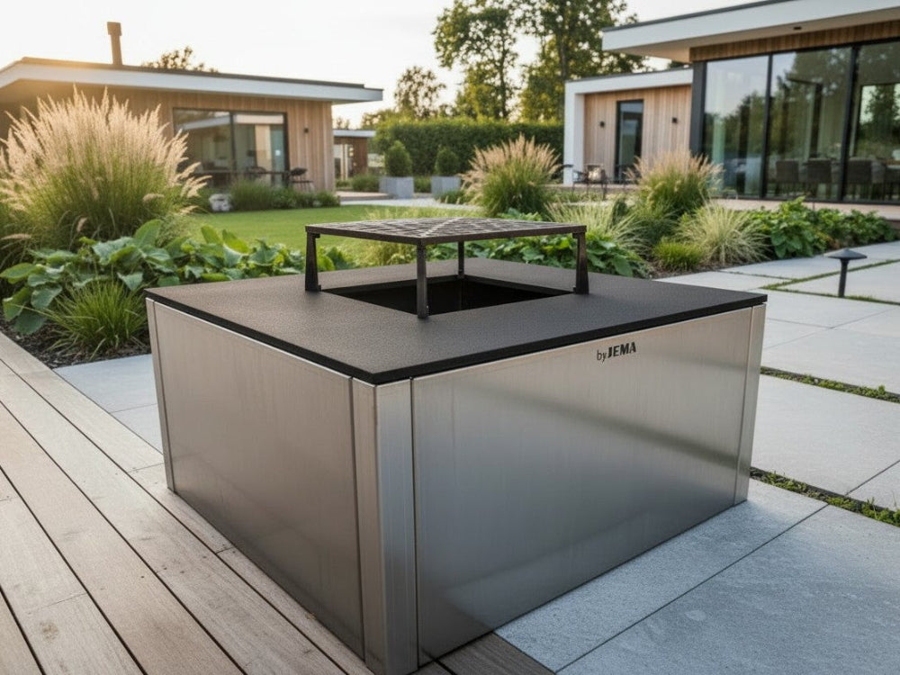 CUBY bålgrill i galvaniseret stål i stilren designhave med terrasse og beplantning