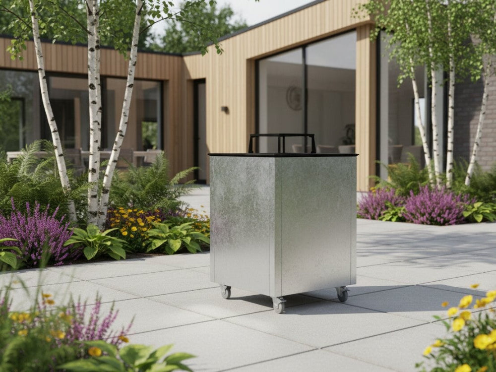 CUBY bålgrill i galvaniseret stål på terrasse ved moderne arkitektur