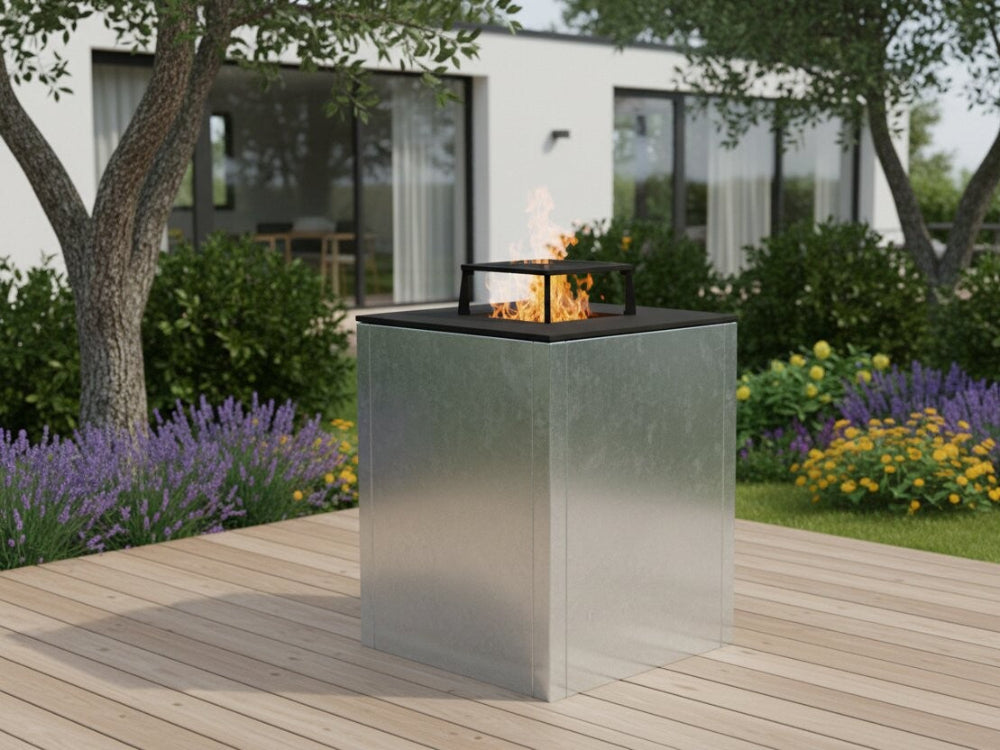 CUBY bålgrill i galvaniseret stål med flammer på træterrasse