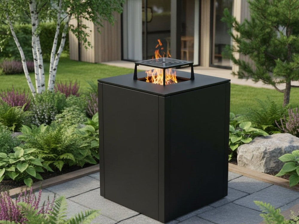 CUBY bålgrill i sort stål integreret i stilrent havedesign