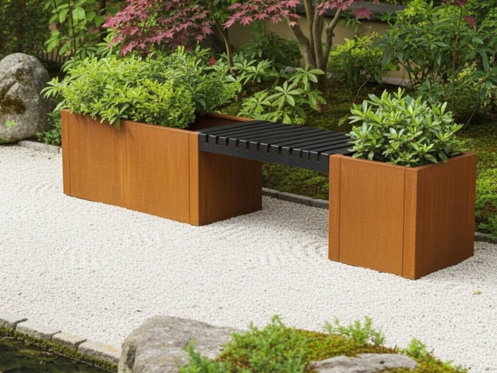 CUBY lille bænksæt i cortenstål med plantekasser og bænk