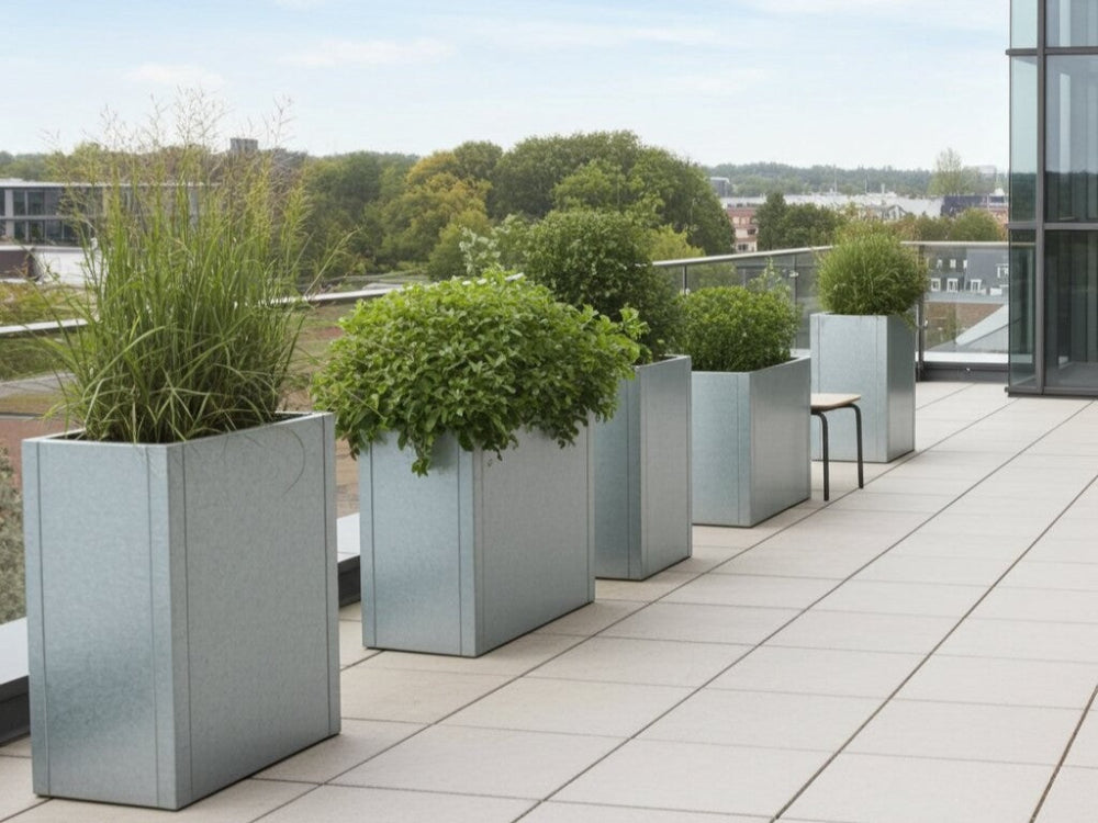 Høje CUBY plantekasser i galvaniseret stål med buske på tagterrasse