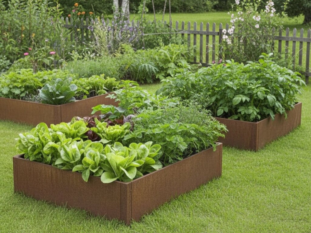 CUBY højbed i cortenstål med flere bede i organiseret køkkenhave