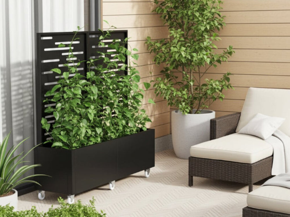 Plantekasse med espalier i sortlakeret stål i moderne uderum