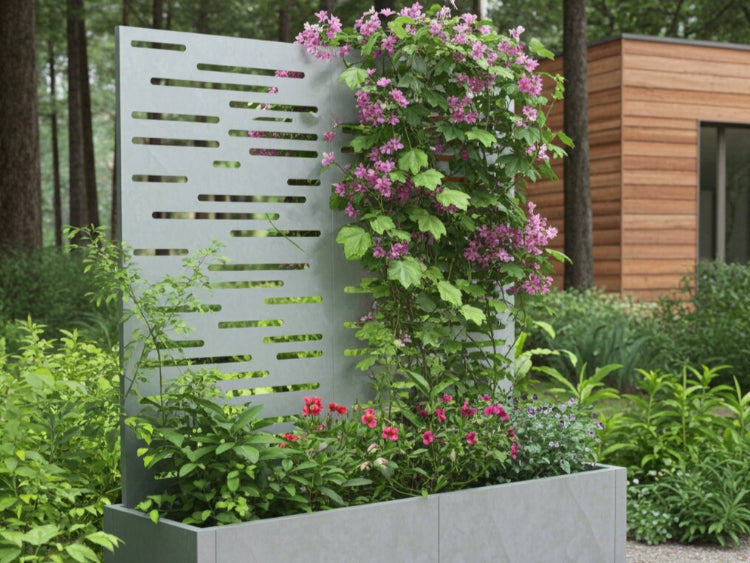 Galvaniseret plantekasse med espalier og lyserøde blomster