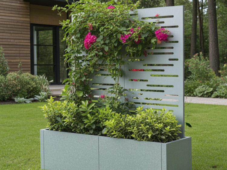 Galvaniseret plantekasse med espalier placeret på græsplæne