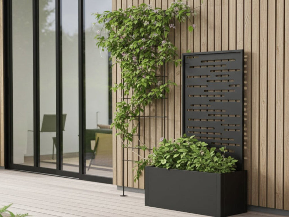 Sortlakeret plantekasse med espalier placeret ved indgangsparti