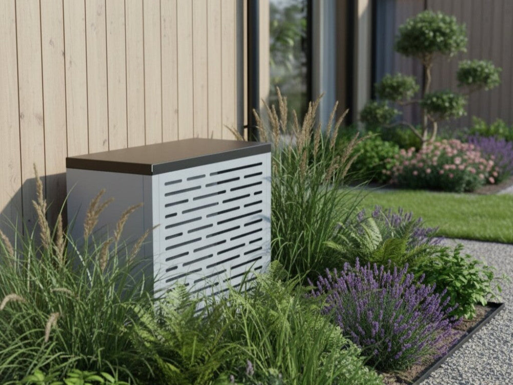 CUBY varmepumpeskjul i galvaniseret stål i moderne have med beplantning