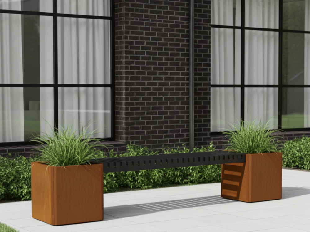 EDGY bænksæt i cortenstål med plantekasser og bænk til terrasse